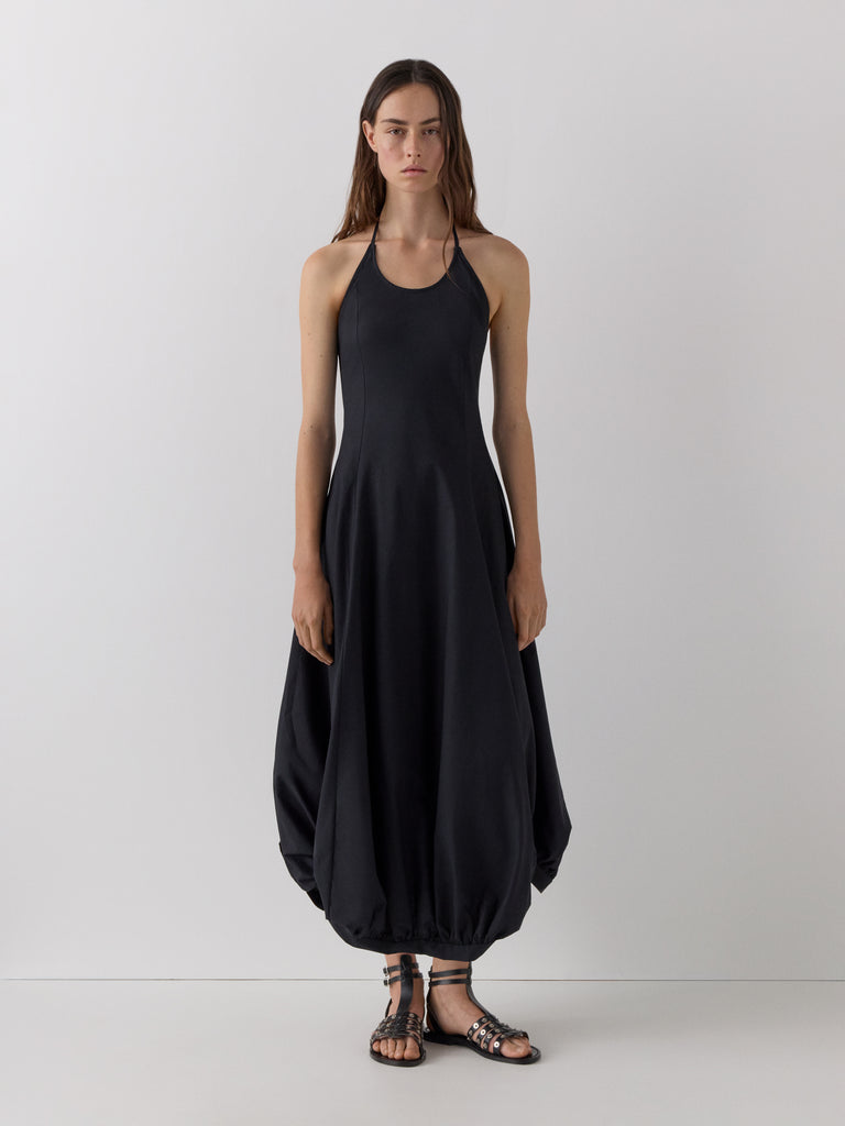 Black Cotton Halter Maxi Dress with Balloon Skirt