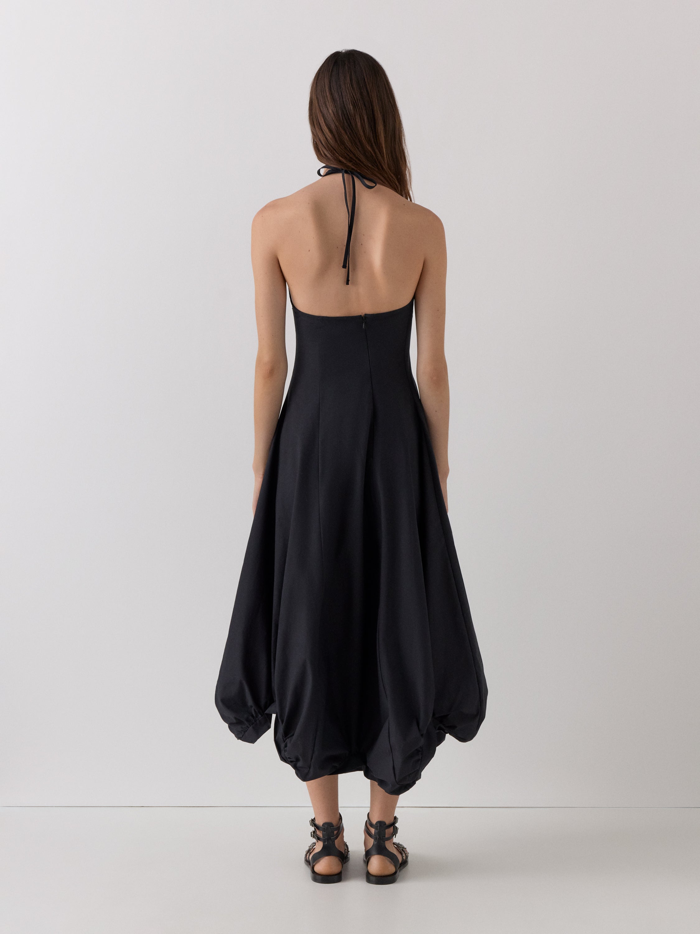 Black Cotton Halter Maxi Dress with Balloon Skirt | Gimaguas