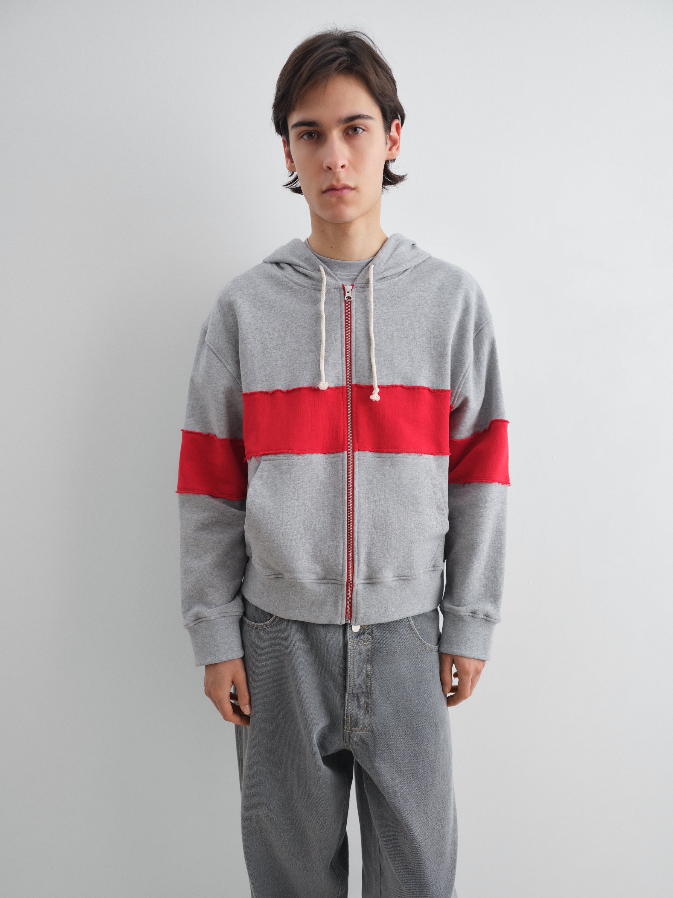 Unisex grey zip-up hoodie with red contrast band – Gimaguas