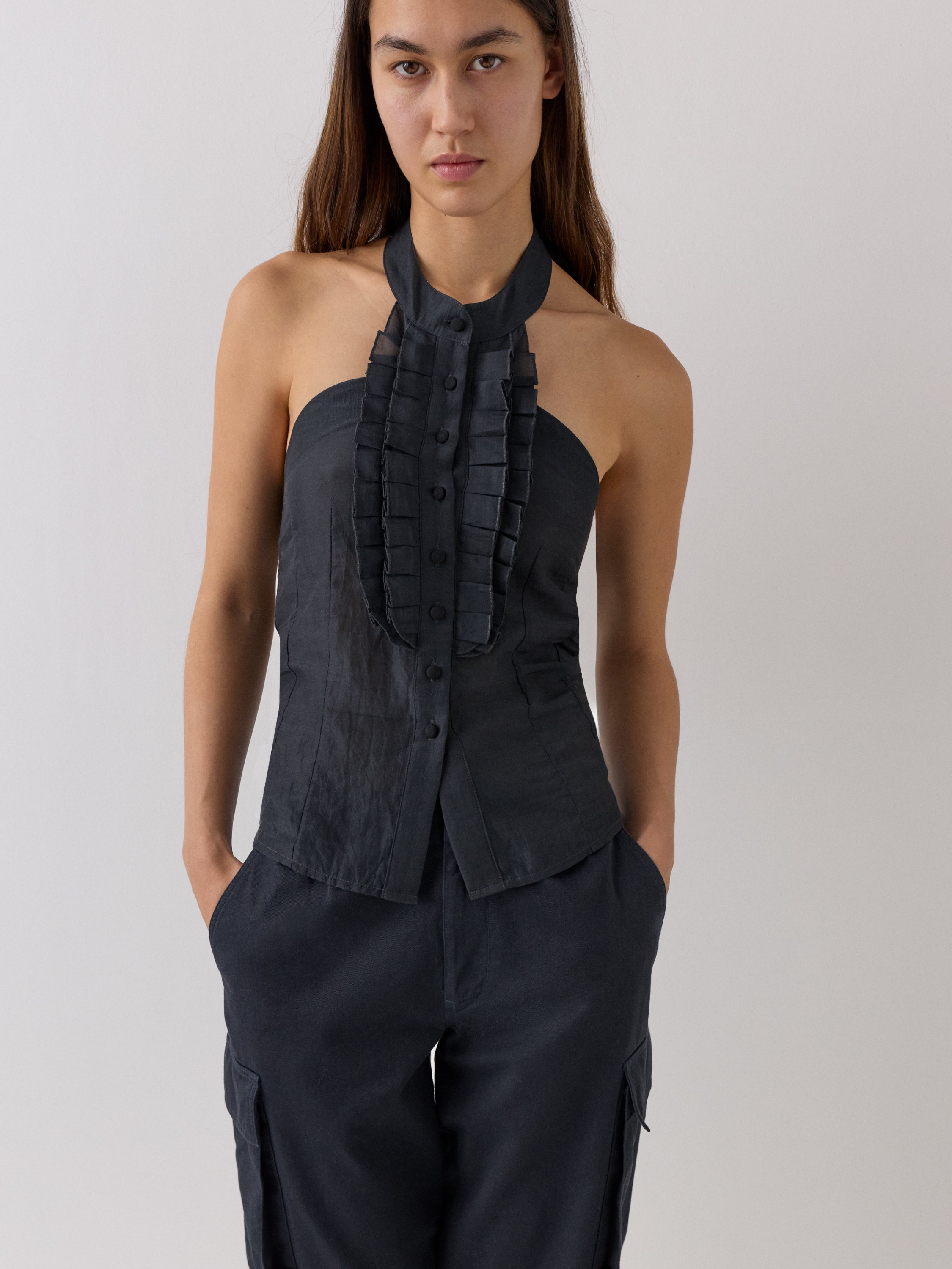 Black Viscose Halter Top with Ruffles and Self-Tie Neck – Gimaguas