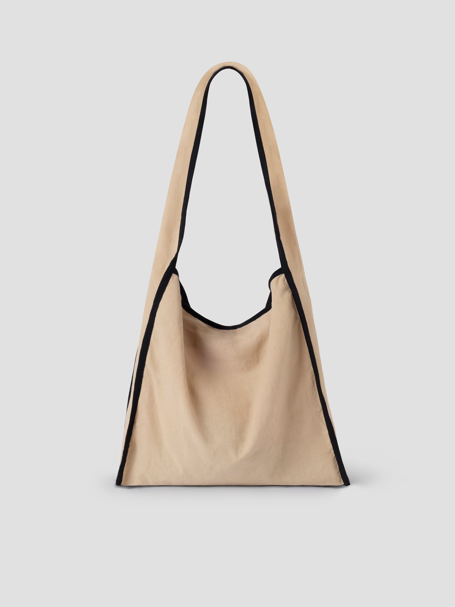 Foldable beige canvas shoulder bag for women with black trim