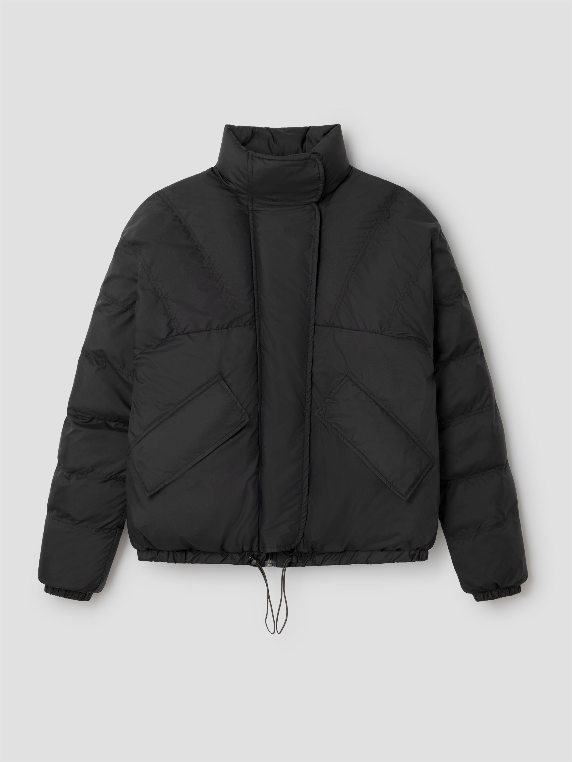 Unisex black puffer jacket with asymmetric flap – Gimaguas