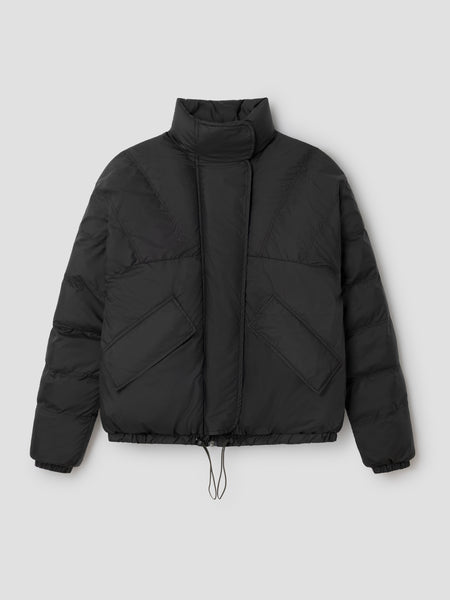 Unisex black puffer jacket with asymmetric flap – Gimaguas