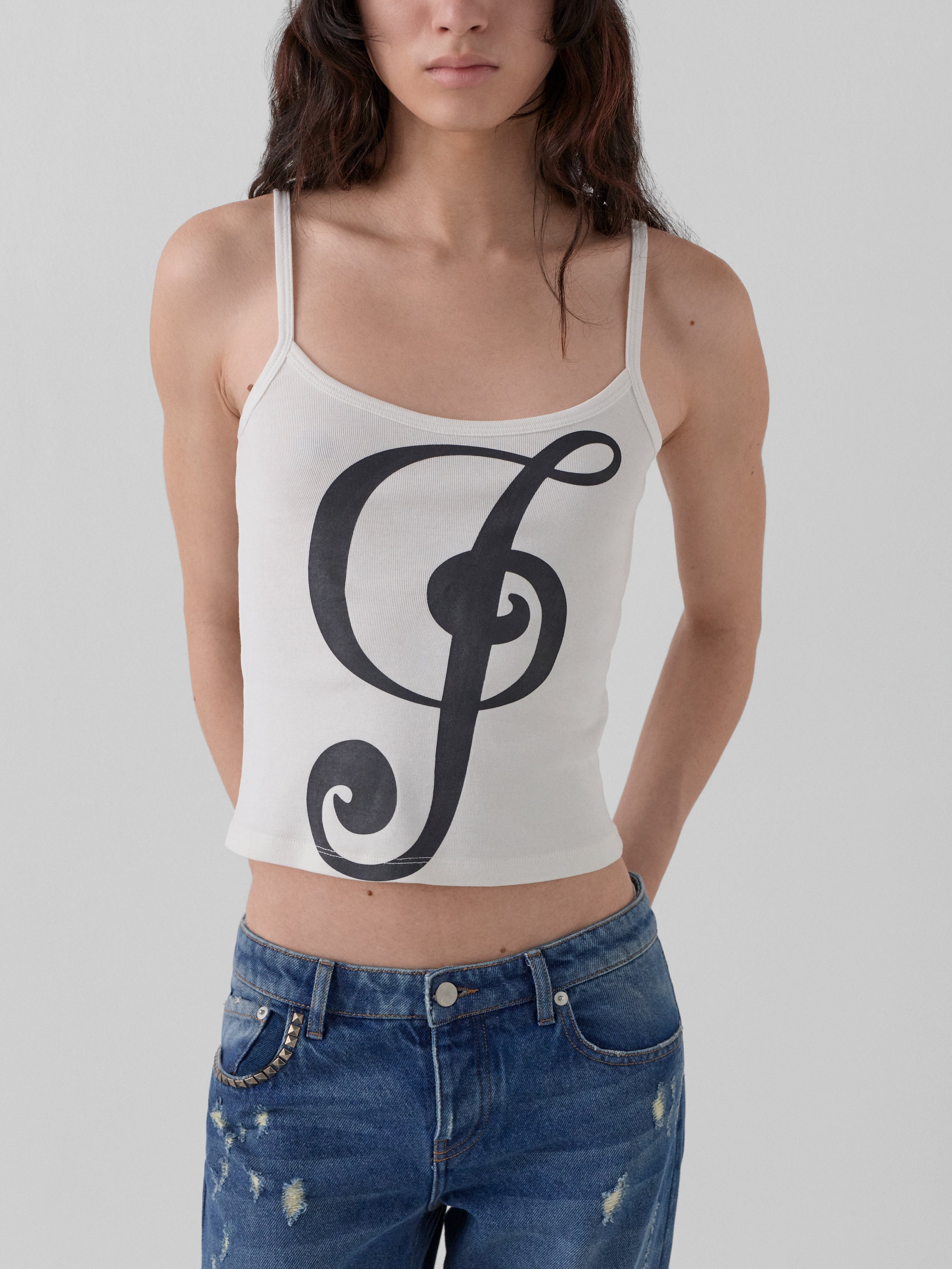 White tank top for women with G clef graphic – Gimaguas