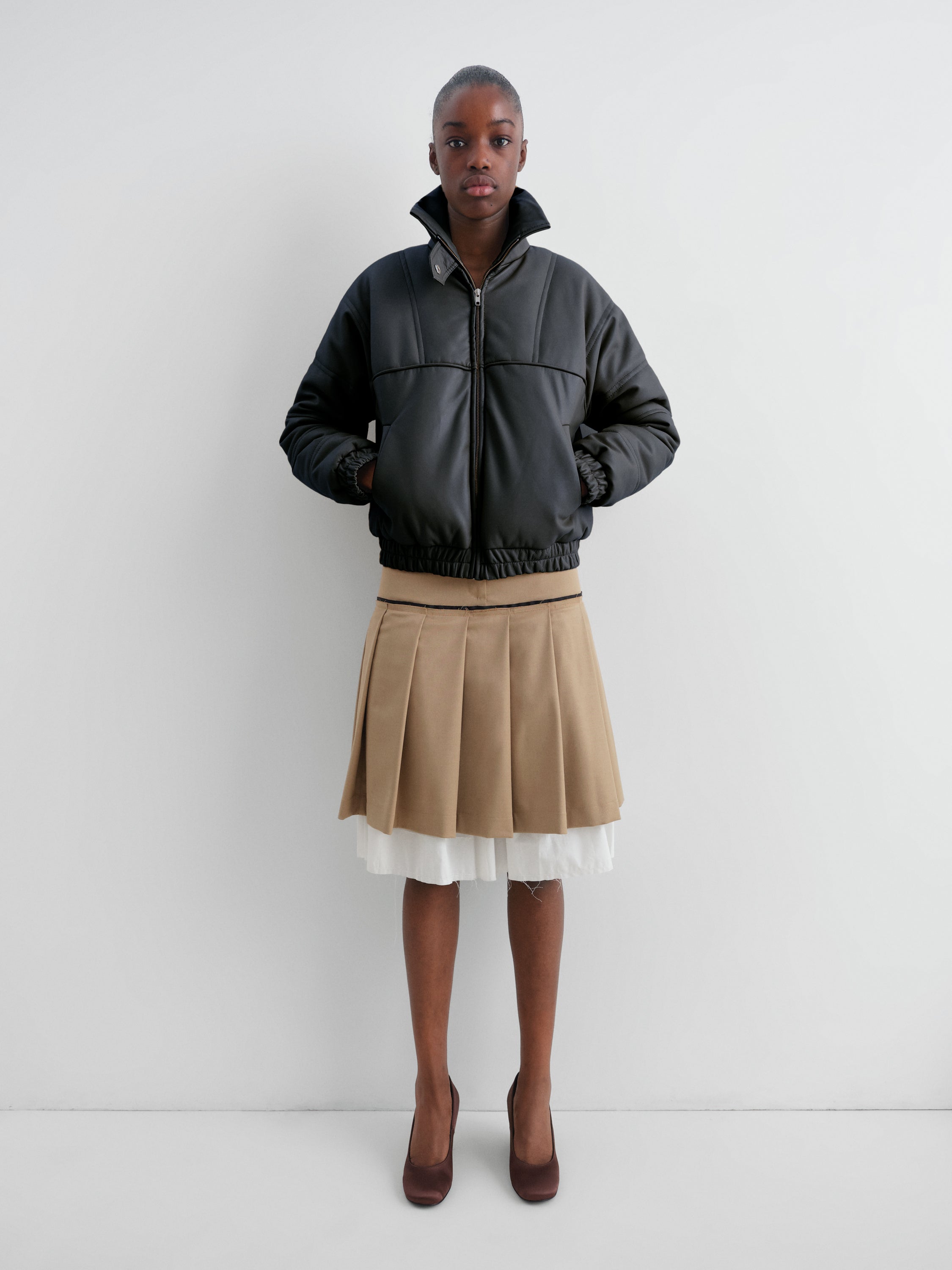 Women's beige tailored midi skirt with faux white layered hem