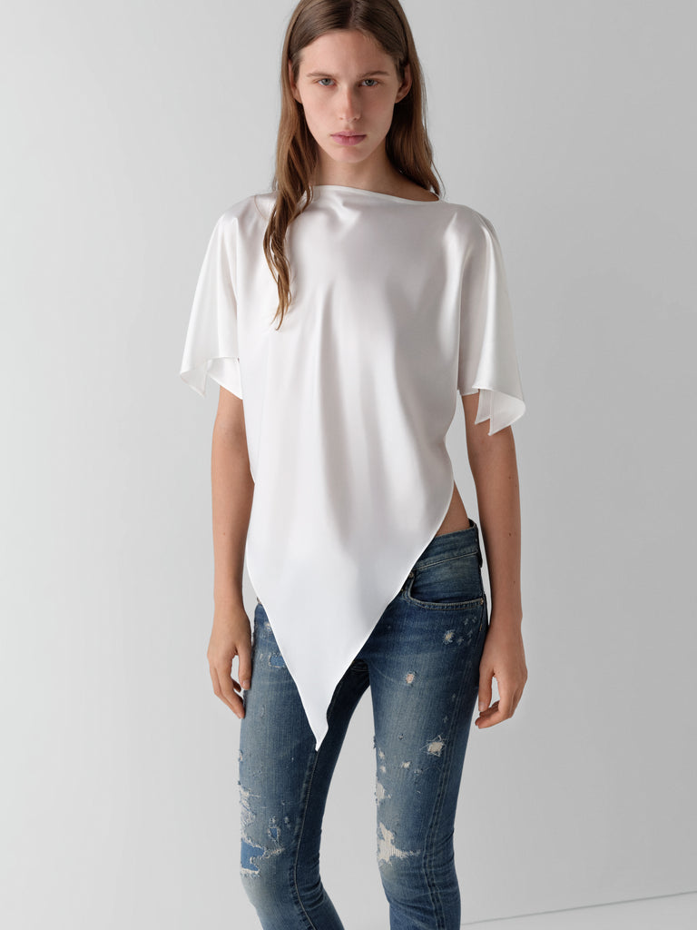 White Thread Top White satin top with pointed hemline and draped shoulders – Gimaguas