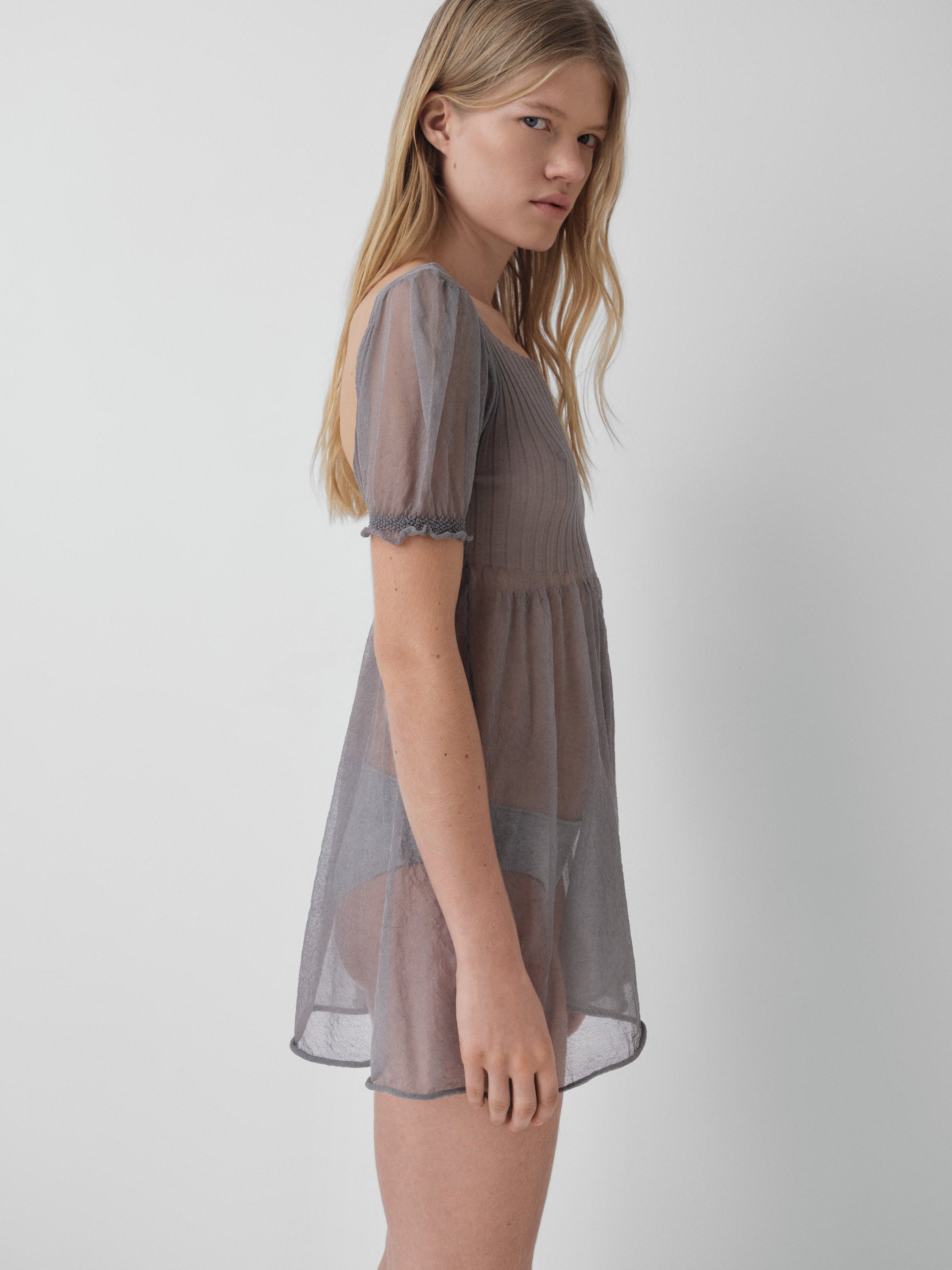 Grey Ribbed Semi-Sheer Mini Dress | Gimaguas