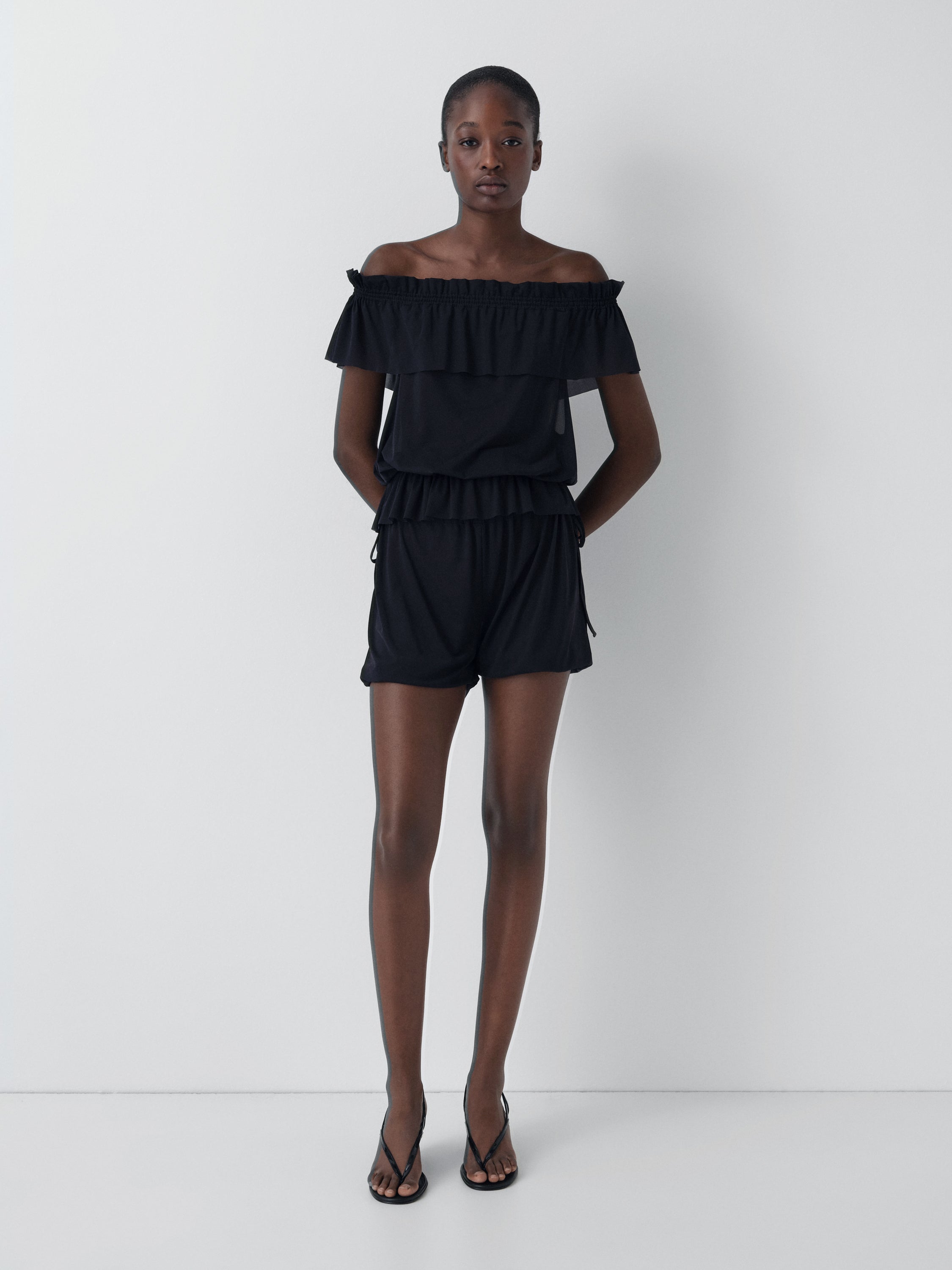 Black Off-Shoulder Top | Flounced Overlay – Gimaguas